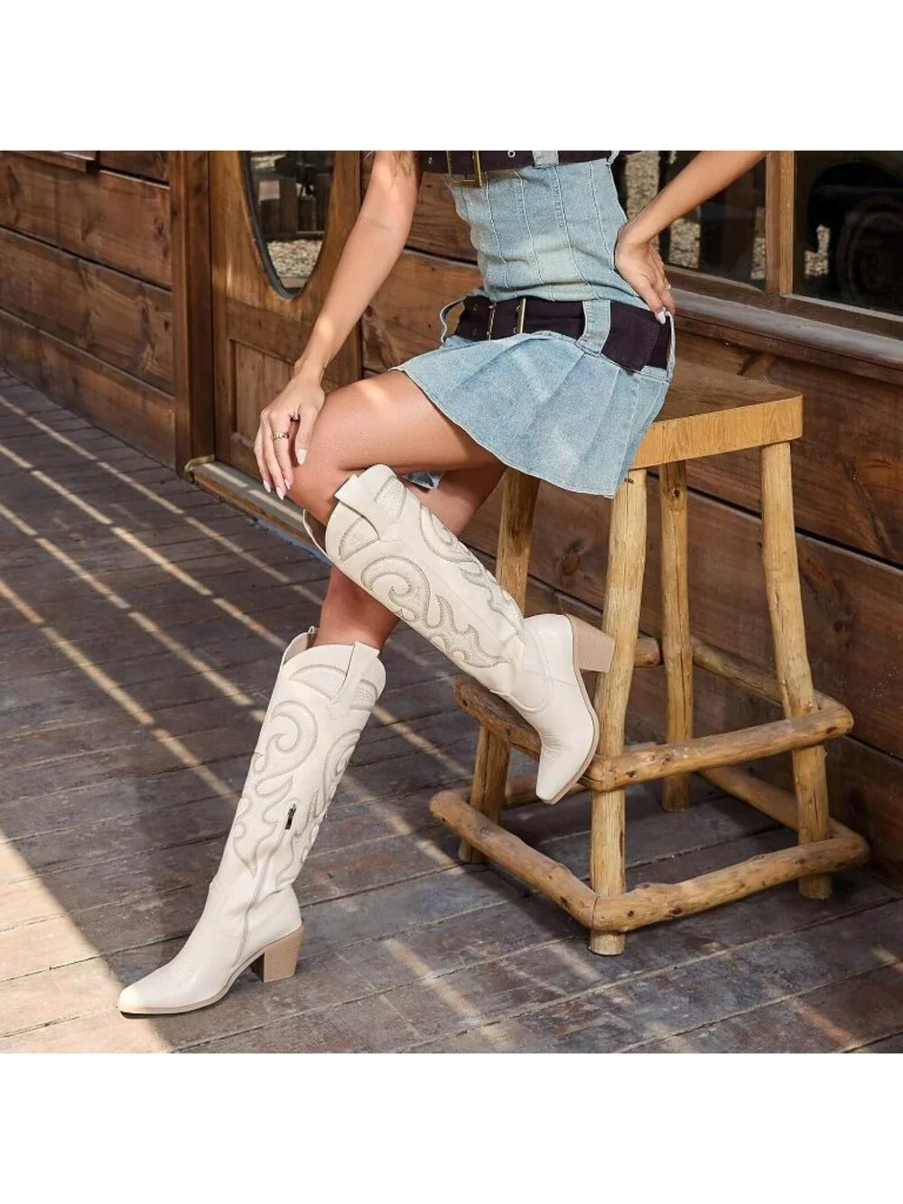 Women's beige Western Knee High Cowgirl Boots Zipper Convenience Casual Wear